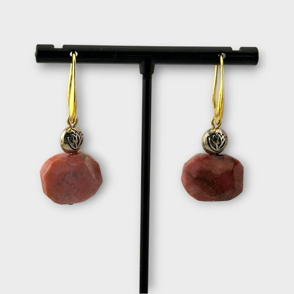 Rhodonite Silver Lotus Charm Earrings Gold-plated Ear Wires - Picture 1 of 10